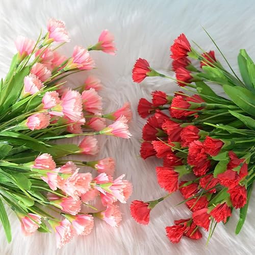 Xzjmy 4Pcs 15 Heads Artificial Flowers Bouquet,Mini Carnation Simulation Bouquet,Silk Flower Plastic Flower No Fade Fake Flowers Faux Shrubs Plants-For Home Wedding Office Decor (Red) #TOP4