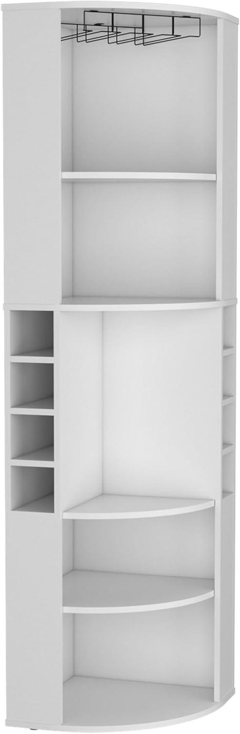 71" Corner Bar Cabinet with Five Shelves, Eight Bottle Cubbies and Stemware,White