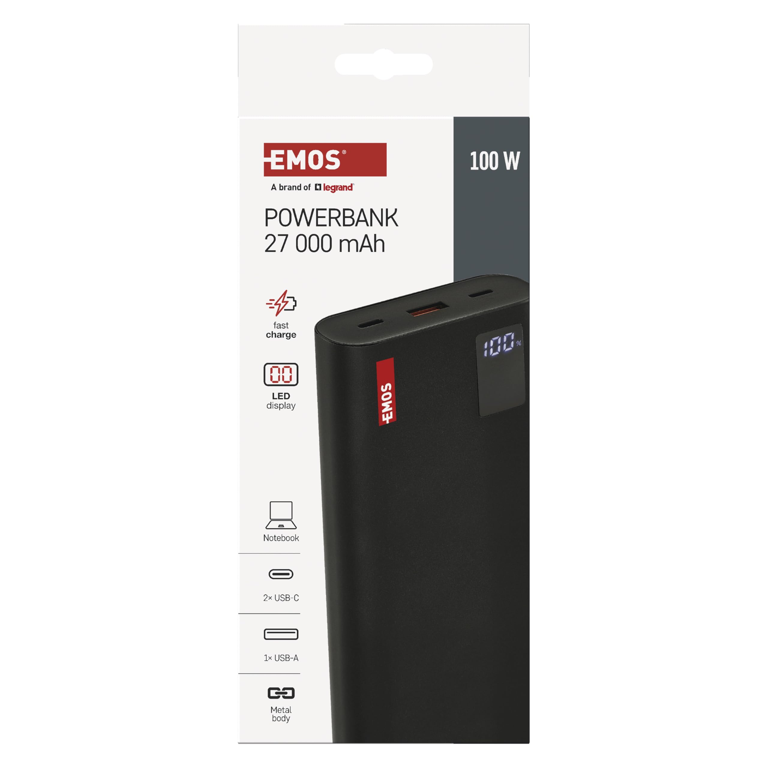 EMOS - Powerbank 27 000 mAh NTBF30 - Batterie Externe avec passthrough et Charge Rapide 100 W PD - 2 Ports USB-C/USB-A avec câble de Charge - pour Tablette, Ordinateur Portable, iPad, téléphone