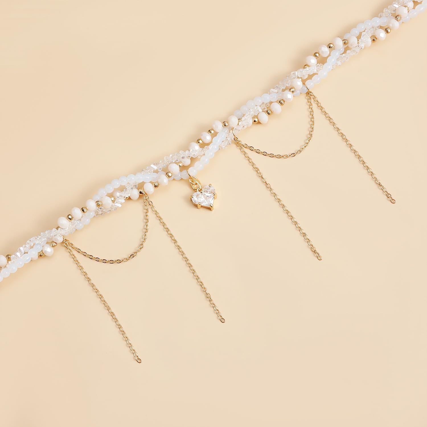 Layered Pearl Fringe Choker Necklace For Women, White Beaded Heart Pendant With Dainty Chain Tassels, Gothic Punk Statement Collar Jewelry - Image 6