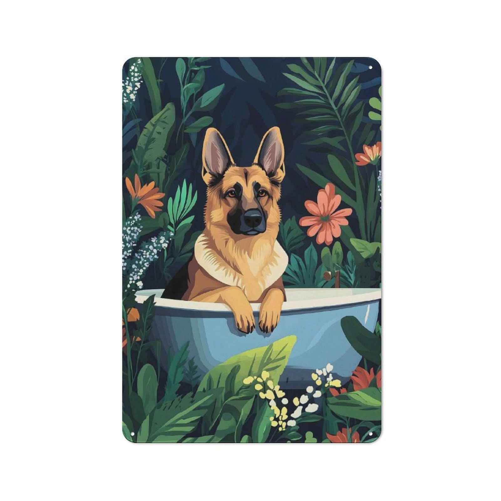 Junmoney German Shepherd In A Bathub Shop Front Style Metal Wall Decor 30X20cm, Vintage Metal Sign For Tea Room, Shop Wall Or Breakfast Area