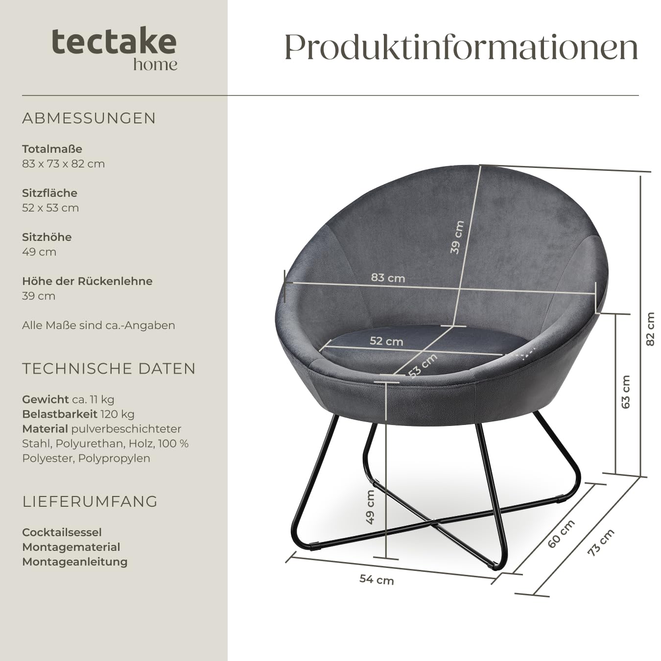 tectake® runder Samt Sessel, Cocktailsessel, Lesesessel mit durchgängiger Rückenlehne, Sessel Wohnzimmer, Polsterstuhl skandinavisch, Relaxsessel, Loungesessel, Esszimmermöbel - Samtoptik anthrazit