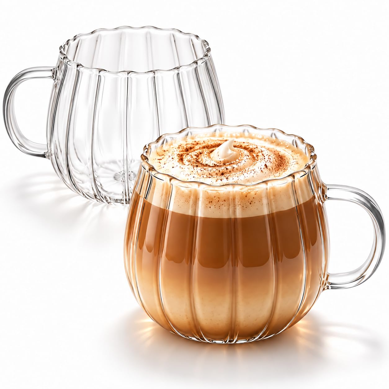Pumpkin Glass Mugs, 2 Pack, 12 Oz Clear Ribbed Coffee Cups