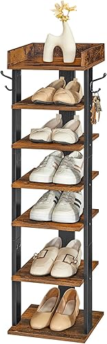 Miniatura 9 de HOOBRO Zapatero vertical, organizador de zapatos de 7 niveles con ganchos, zapatero estrecho para 7 pares, ahorro de espacio, estable y fuerte, para