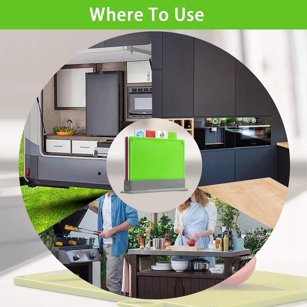 Set Tagliere per Supporto da Cucina, Tagliere Piccolo con Manico Easy-Grip Senza BPA, taglieri Spessi con scolapiatti e Icone per Alimenti, Lavabile in lavastoviglie
