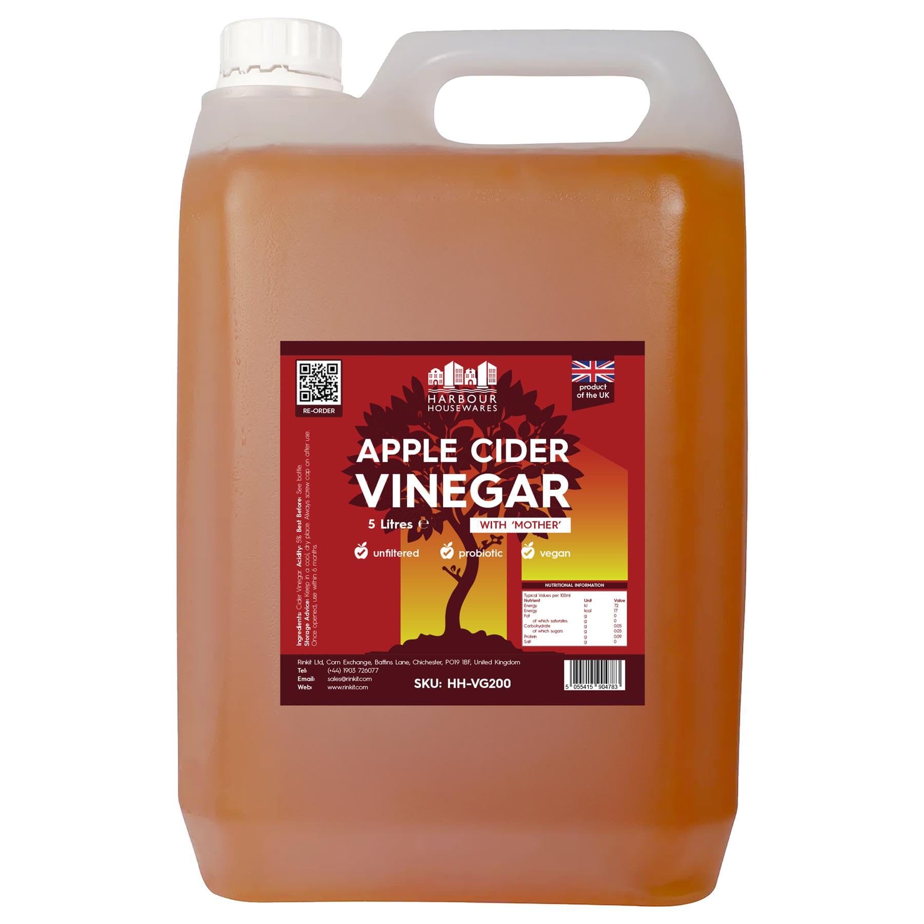 Apple Cider Vinegar 5L - Raw Unfiltered ACV with the Mother - Natural Vegan Health Food for Digestion, Immunity and Weight Support Ideal for Cooking, Drinks, Marinades & Catering