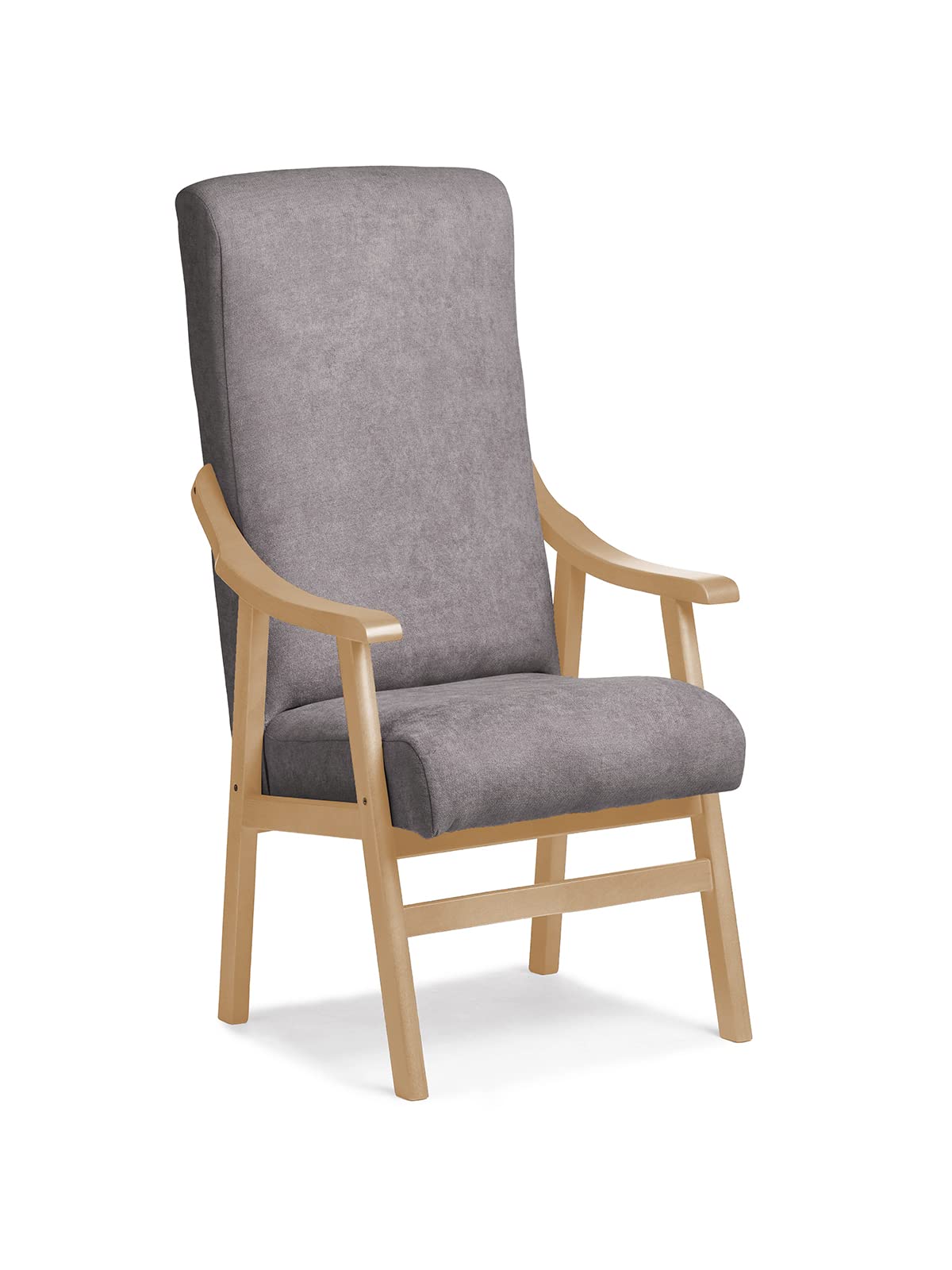 Silla Brazos de Madera, Respaldo Recto, Ideal para Personas Mayores, Movilidad Reducida o Dolor Espalda. Usada en residencia y geriátricos. Tamaño: 57x69x116 cm. (Natural, Gris)
