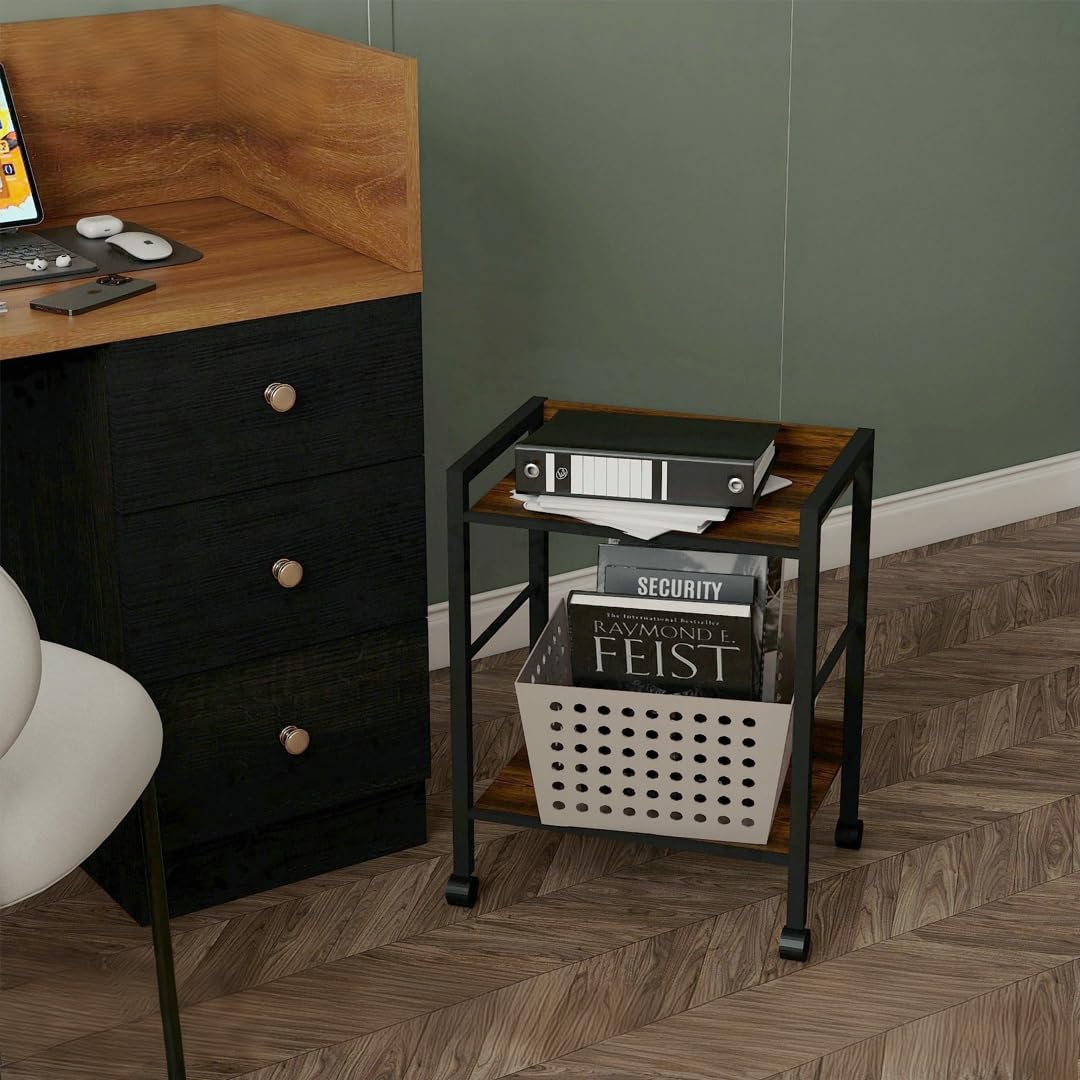 2-Tier Rolling Utility Cart Night Stand Organizer with Brown Wood Shelves and Black Metal Frame, End Side Table Storage Trolley on Wheels for Kitchen Office, Bathroom, Living Room