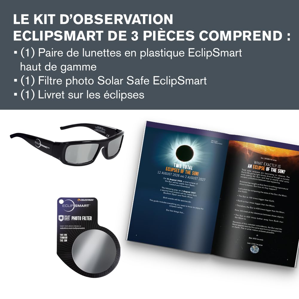 Celestron EclipSmart 3 pièces Kit d'observation et d'imagerie de l'éclipse Solaire. Lunettes solaires, Filtre pour Appareil Photo et Livre sur l'éclipse Solaire