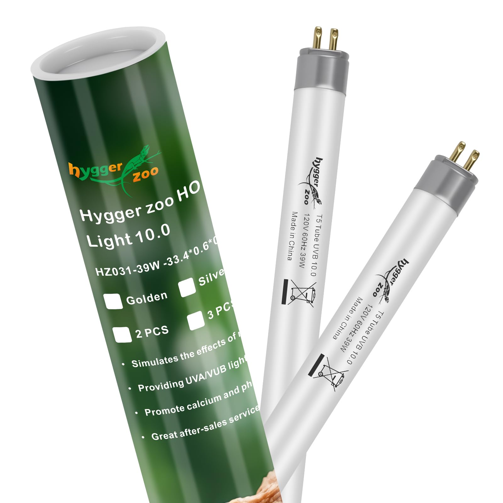 2-Pack UVB Reptile Light 10.0 Bulb 39W T5 Fluorescent Desert Lamp UVA for Bearded Dragon Tortoise Reptile &amp; Amphibian