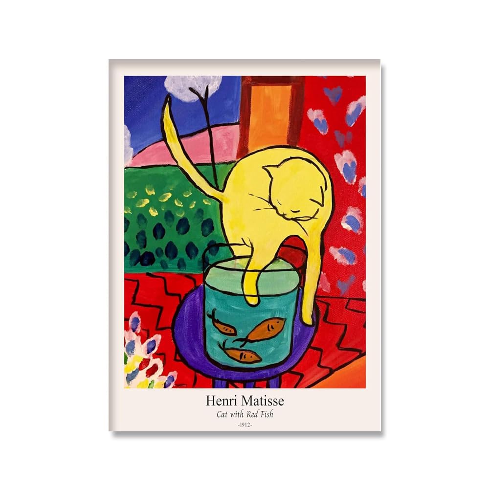 QSDTGHUIKP Henri Matisse Wall Art Henri Matisse Cat With Red Fish Poster and Prints Abstract Canvas Painting for Home Wall Picture Decor 16x24inx1 Frameless