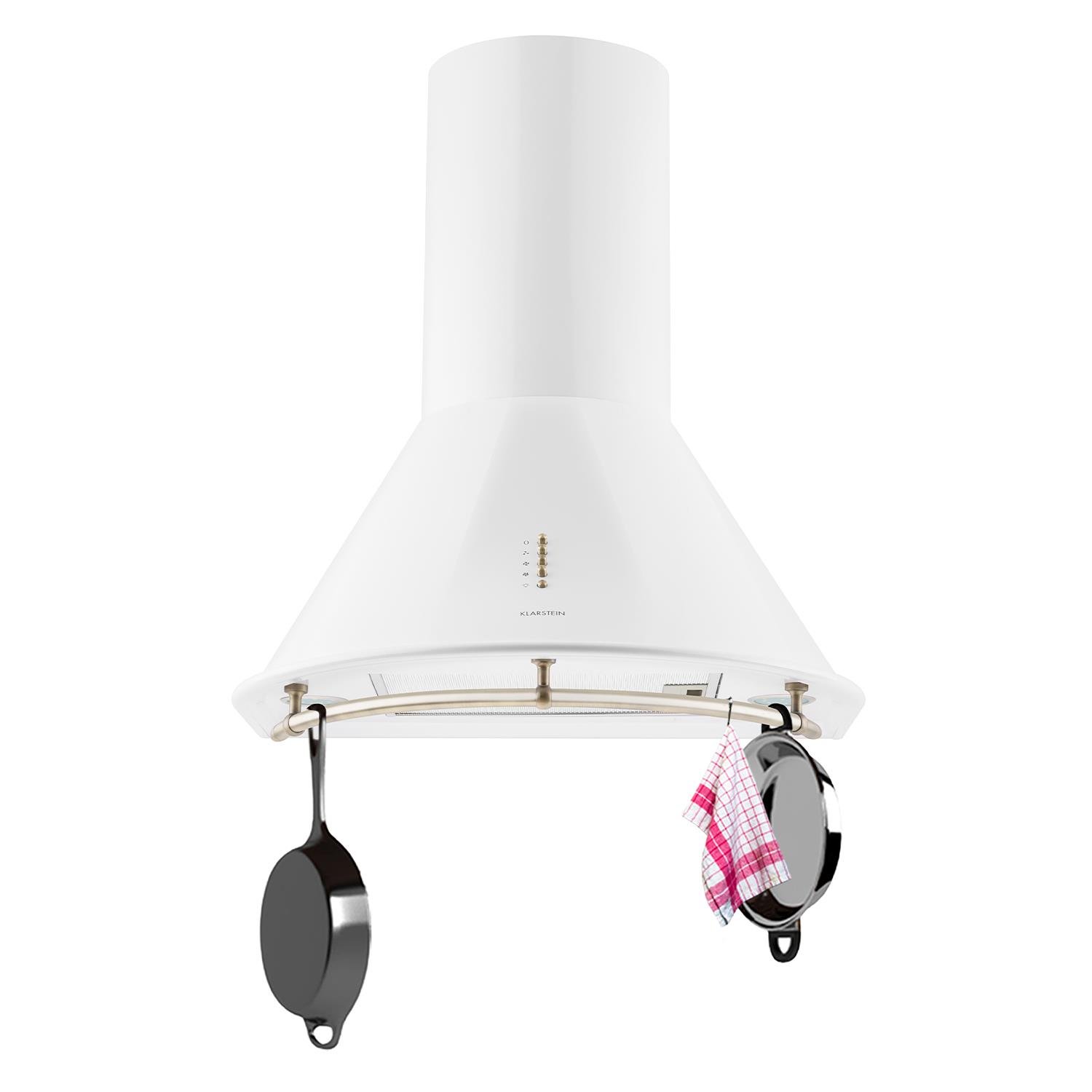 Klarstein Lumio Neo Cappa Aspirante Retró da cucina a parete in acciaio, 60 cm, capacità di aspirazione pari a 610m³/h, illuminazione alogena attivabile, Tre velocità di ventilazione, Bianco