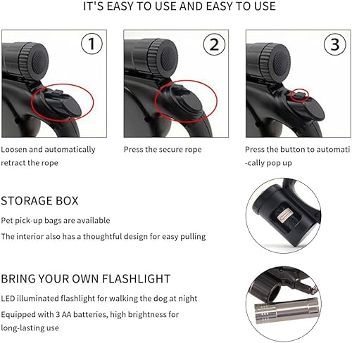 Miniatura 6 de Correa retráctil para perro de 360 sin enredos con linterna, dispensador y bolsa de excrementos, cinta de nailon resistente para perros pequeños,