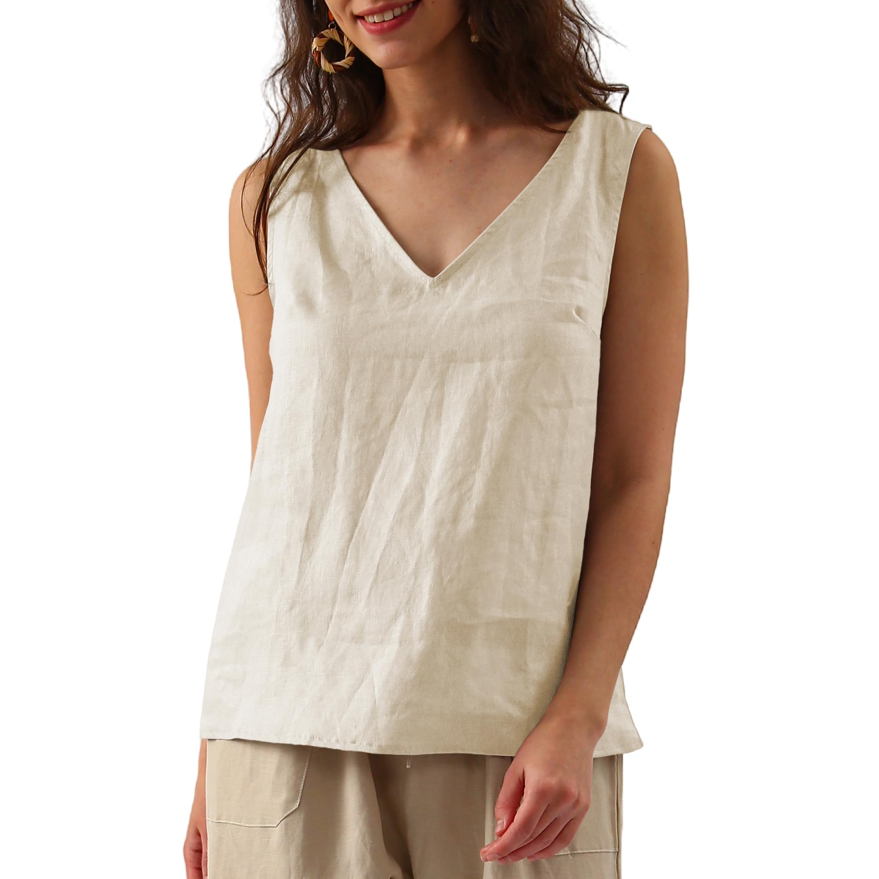 Amazhiyu Camicetta da donna in lino, senza maniche, estiva, basica, casual, con scollo a V