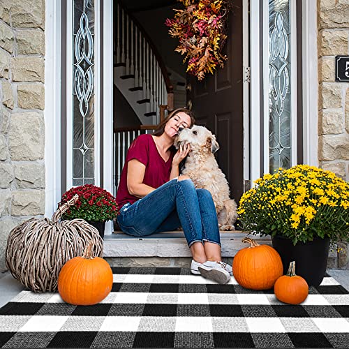 Frendy Buffalo Plaid Outdoor Rug, 27.5" X 43" (2.3' X 3.6') Hand-Woven Plaid Rug For Front Porch, Washable Layered Door Mat, Cotton Black And White Checkered Rug For Living Room/Entryway #TOP3