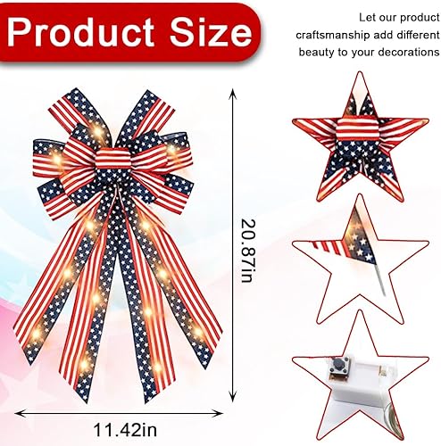 Miniatura 2 de ABTOLS Arcos de corona patrióticos LED grandes para puerta delantera, lazos de rayas rojas azules y blancas para corona, lazos de bandera