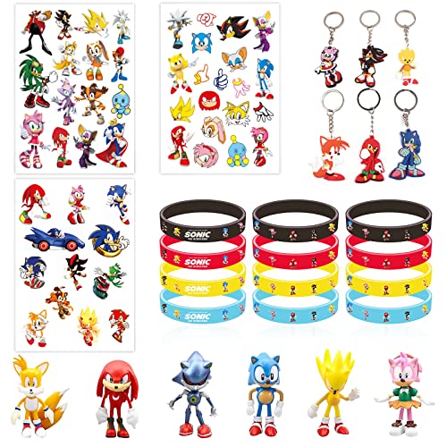 Forhome Unidades de Minifiguras, 6 Figuritas Sonic,12 Pulsera de Silicona, 6 llaveros, 3 Tatuajes...