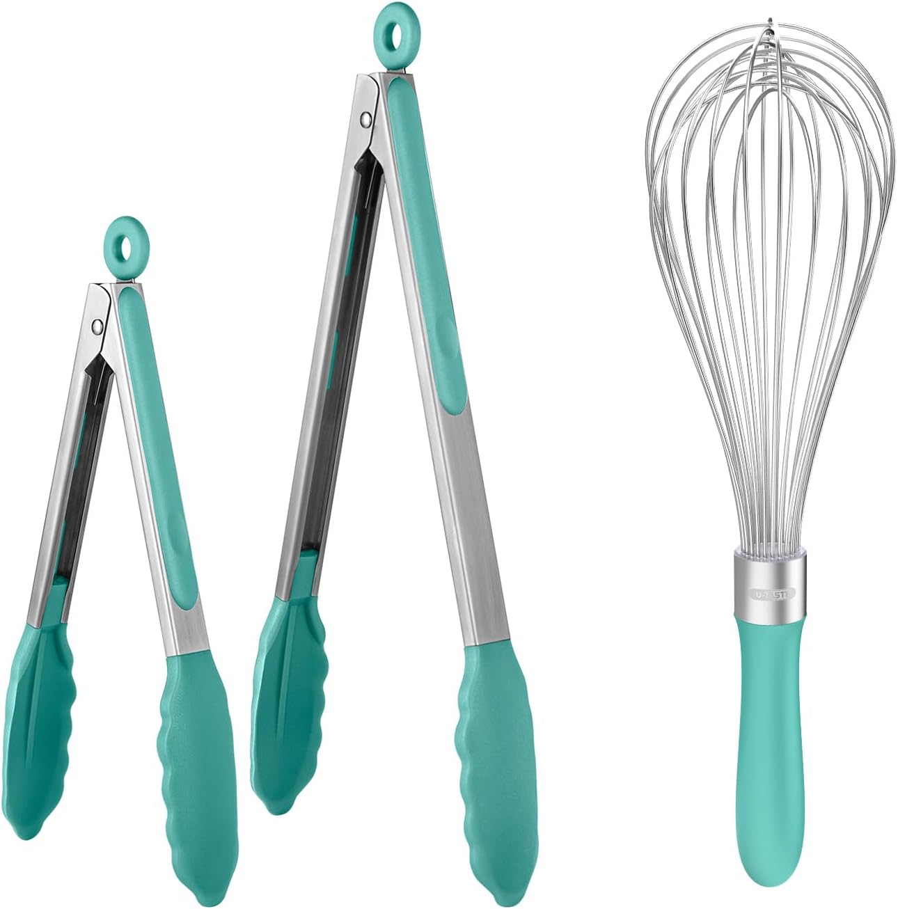 U-Taste 600℉ Heat Resistant Food Grade Non Stick Firm Cooking Tongs Set of 2, and 18/10 Stainless Steel Balloon Whisk for Kitchen Cooking with 12 Flex Wires (Aqua Sky)