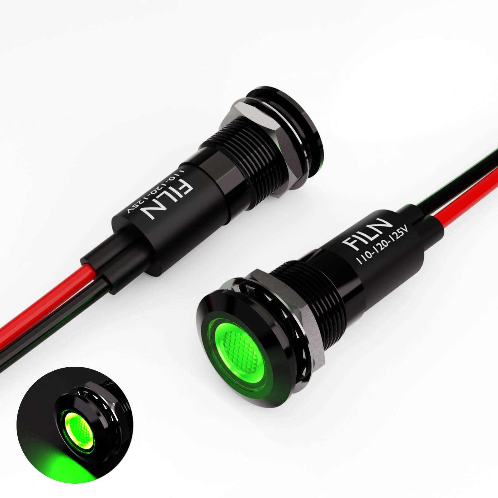 2PCS 12mm (1/2") Green LED indicator Light Waterproof Metal Signal Lamp 110V 120V 125V IP67 Pilot Dash Head for Equipment Light (110v-black shell Green 2PCS)