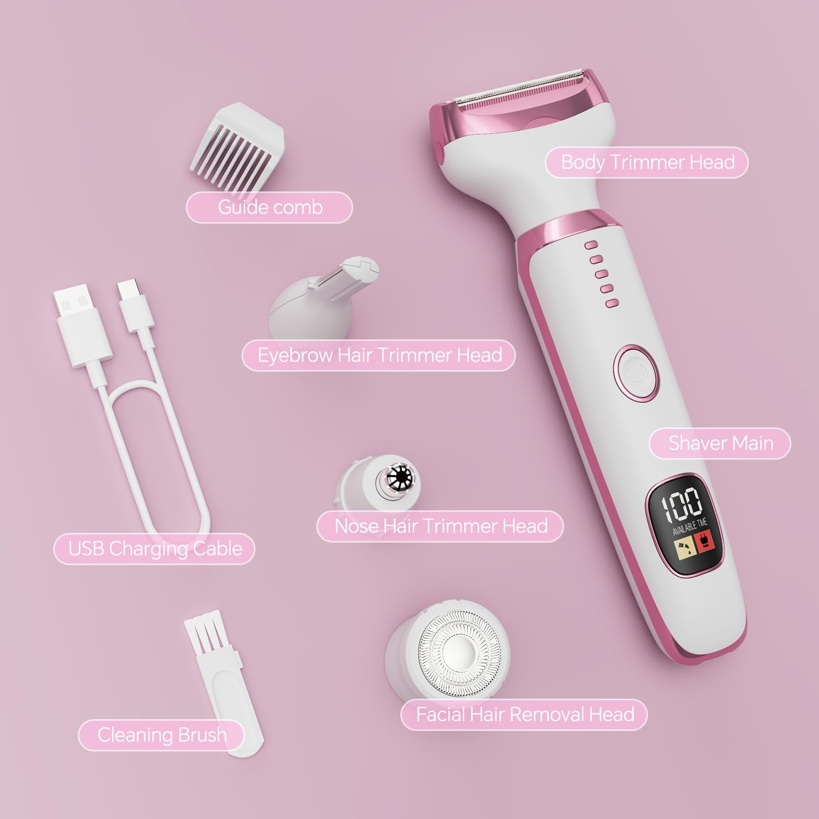 Maquinilla de afeitar eléctrica para mujer, recortadora de bikini 4 en 1 y afeitadora corporal para nariz, vello, cara, cejas, brazos, piernas, axilas, axilas, zona púbica, recargable, húmedo/seco