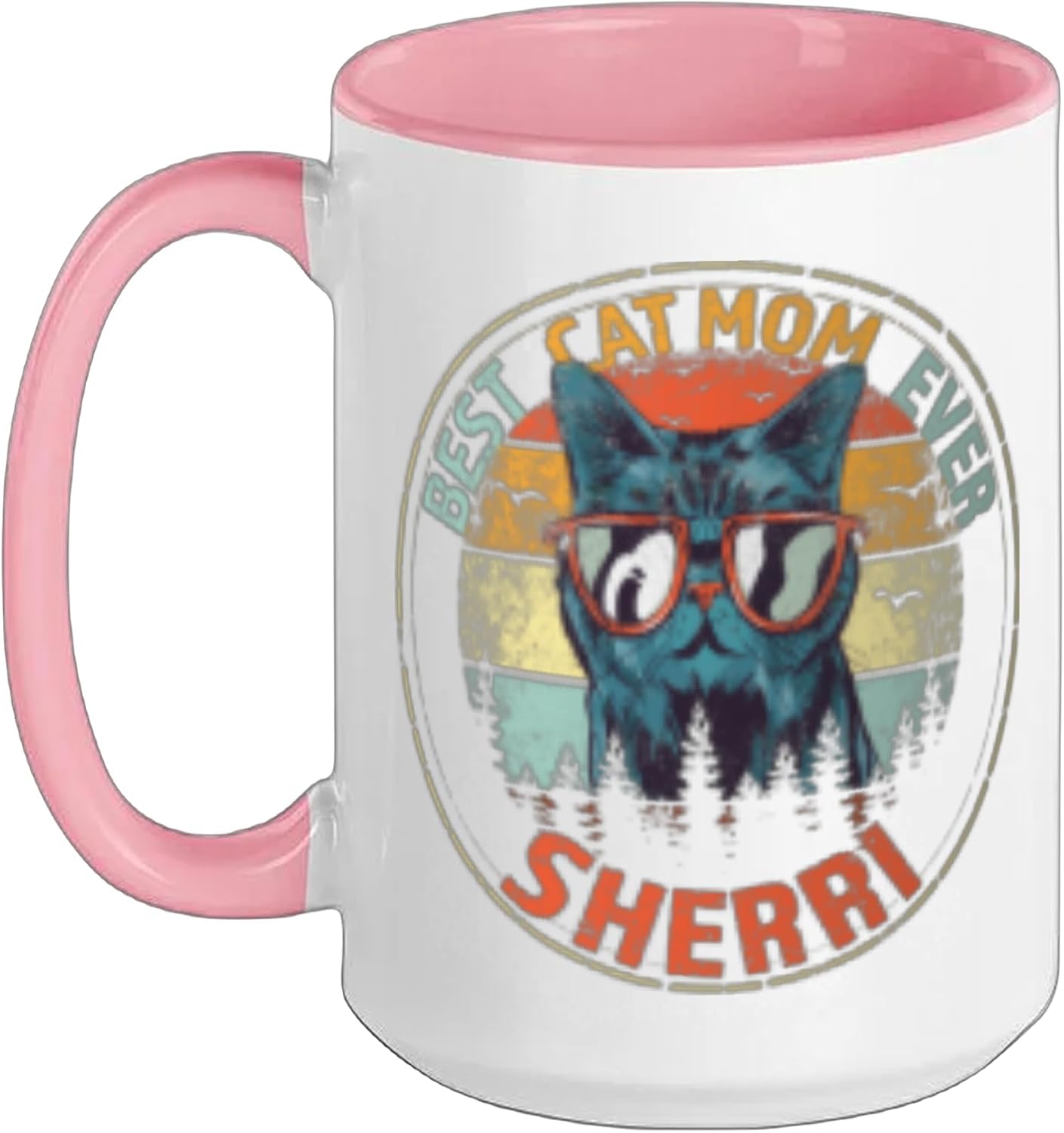 Sherri Best Cat Mom Ever Funny Custom Personalized Name Ceramic Mug, Pink/White, 15oz