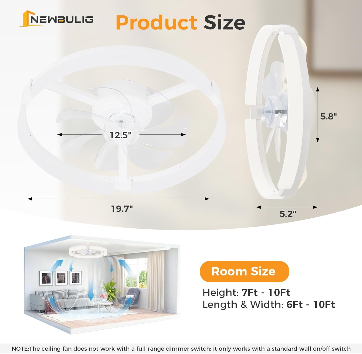 NEWBULIG Ceiling Fans with Lights and Remote & App Control, 19.7 Inch Ceiling Fan, 3000K-6500K Dimmable LED Low Profile Fandelier with 6 Wind Speeds, Flush Mount for Bedroom Living Room, White