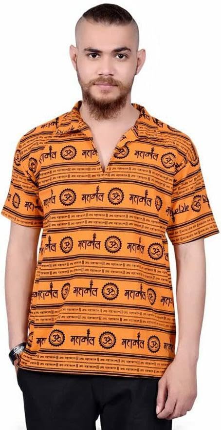 Men Printed Casual Yellow Shirt ()_BZ_MAHAKAL ORANGE-2XL