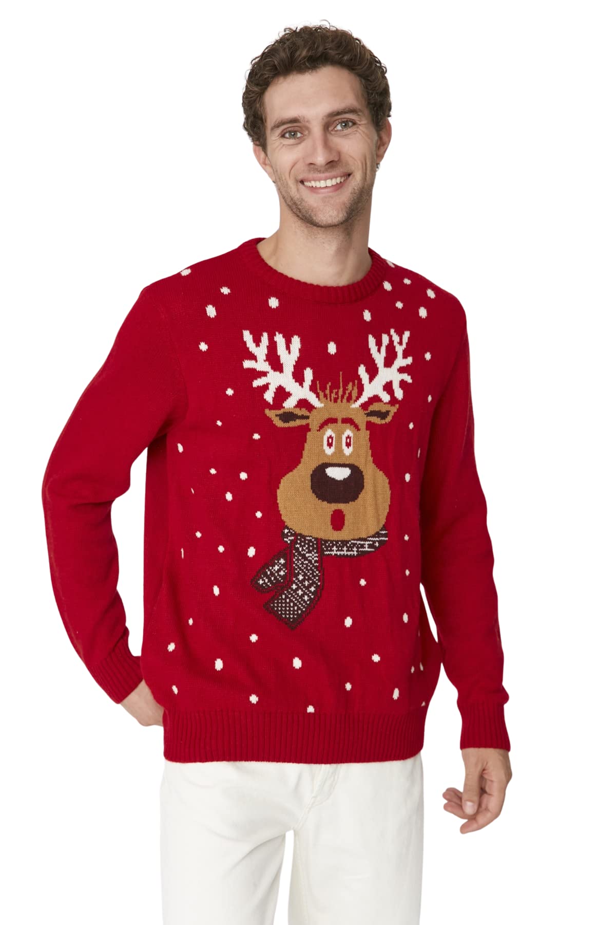 Trendyol Collection Herren Rot Er Unisex-Strickpullover Aus Wolle Mit Rundhalsausschnitt – Hirschmuster, Nor Passform Für - L