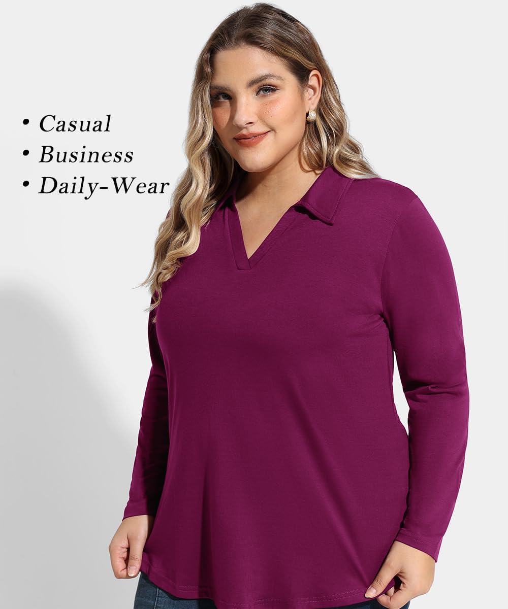 TIYOMI Plus Size Polo Shirts for Women V Neck Long Sleeve Business Collared Shirt Casual Loose Fit Fall Tops Blouse XL-5XL - Image 4