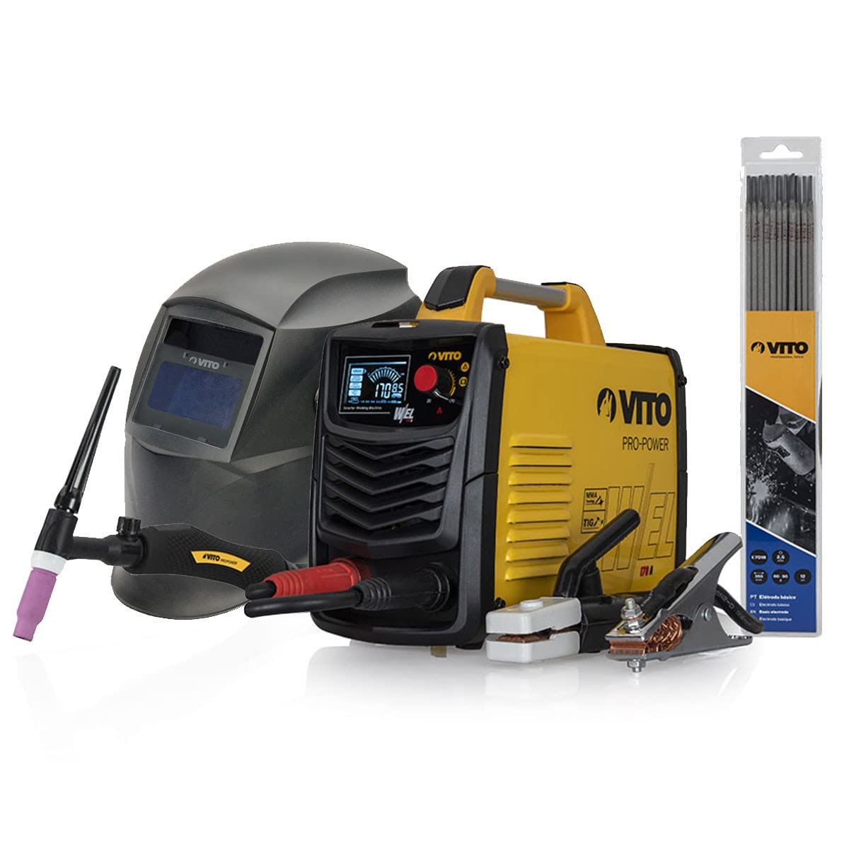 VITO - Poste a souder inverter Combiné ARC TIG 200A Torche TIG +​12 baguettes Ø 2.5 mm + Cagoule Automatique + Mallette luxe