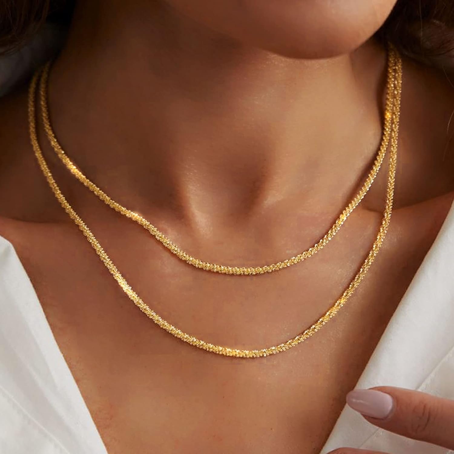 Tasiso Herringbone Choker Necklace Set Double Layer Snake Chain Herringbone Chain Necklace Layering Necklace Set Cuban Chain Necklace for Women - Image 3