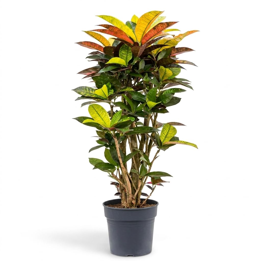 Bloomique – Codiaeum Variegatum Iceton – Kroton – Blattschmuckpflanze – Zimmerpflanze – Panaschierte Blätter in Gelb, Orange und Rot – Luftreinigend – Höhe 70–80 cm – Topf 24 cm