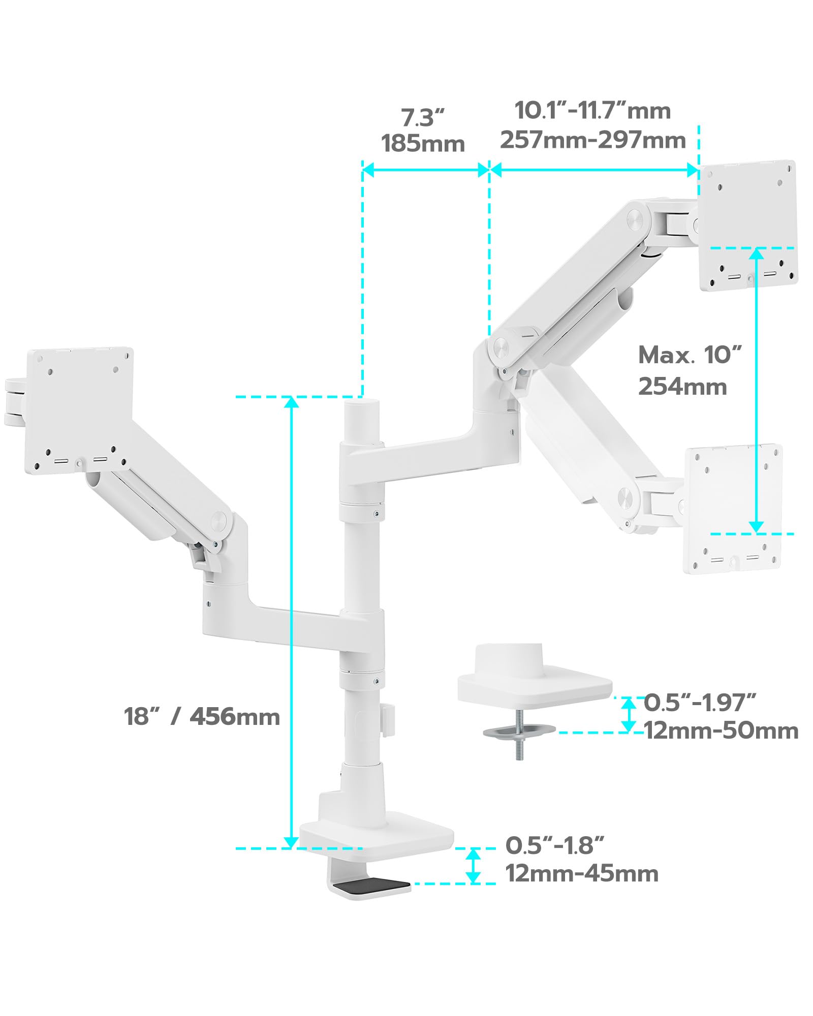 ARES WING Monitorhalterung 2 Monitore mit USB,17–49Zoll, 20kg/Arm, Weiß | Dual Monitorarm übereinander mit Gasfeder, höhenverstellbar für Curved & Flach-Bildschirme, Kabelmanagement, VESA 75/100 mm