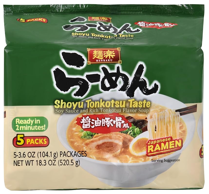 Hikari Menraku Ramen Shoyu Tonkotsu Japanese Instant Noodle Soup, 5 Pack 18.3 Oz
