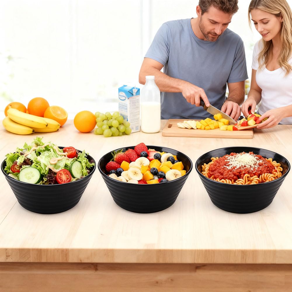 Unbreakable Set di 4 Ciotole 20cm Ciotola di Plastica Nera per Cereali, Insalata, Pasta, Picnic Adatti al Microonde, Lavabili in Lavastoviglie, 1200 ml