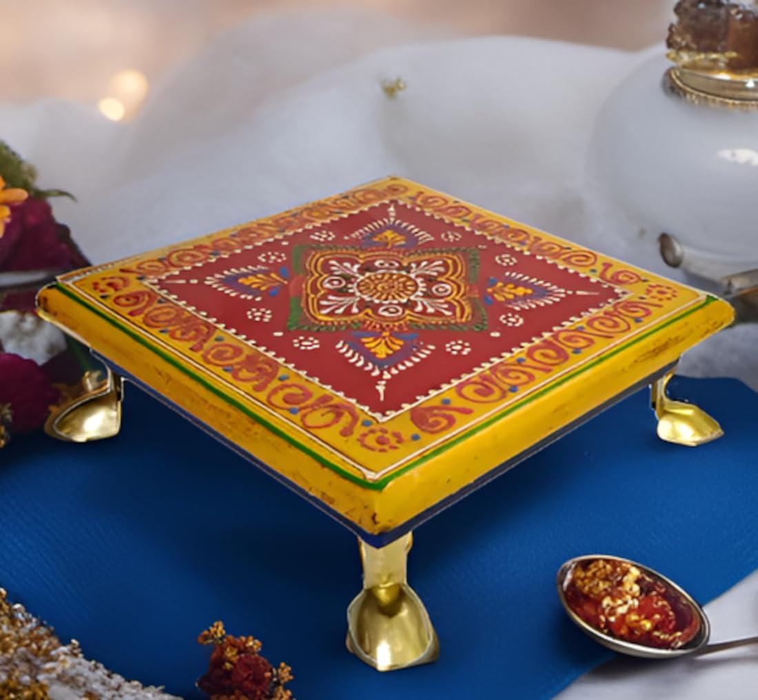 Purpledip Wooden Chowki: Hand-painted Platform for God Idols in Home Temple (11811)