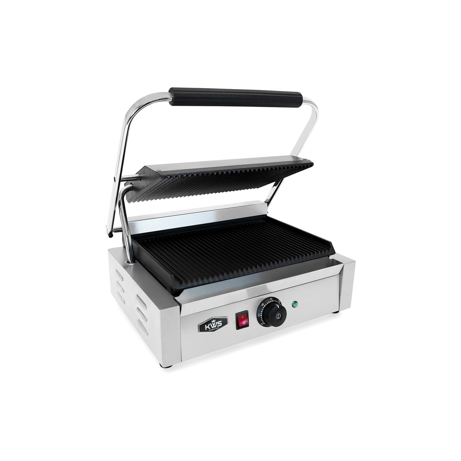 KWS PM-17 Premium - Parrilla eléctrica comercial de 110 V Panini de 1700 W con placas ranuradas, superficie de cocción de 13.5 x 9.25 pulgadas 3