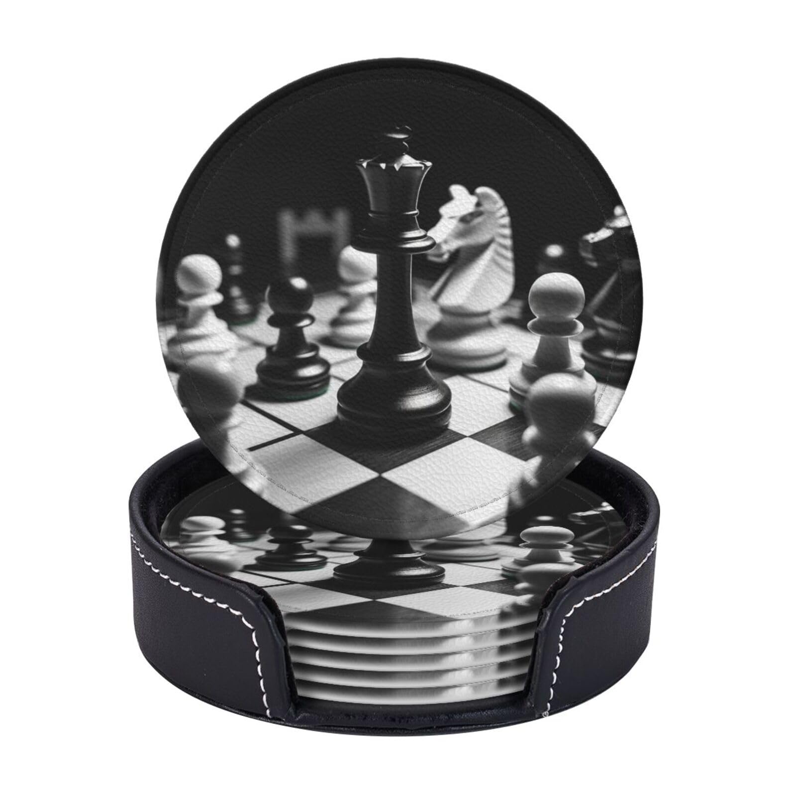 Round Coasters for Drinks Set of 6 - PU Leather Coasters with Holder - Modern Drink Coasters for Coffee Table - Black and White Chess Coaster for Tabletop Protection 4" Cup Mat Pad