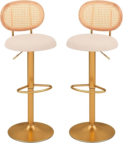 COSTWAY Juego de 2 taburetes de bar de ratán y terciopelo, taburetes de bar giratorios de 360 de altura ajustable con respaldo, reposapiés de metal,