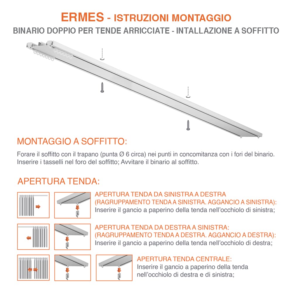 Binario per tende e sopratende arricciate a 2 canali - installazione a soffitto - movimento tenda manuale (NO corda) - in alluminio dim. 9x1 cm, completo per l’installazione (CM 140)