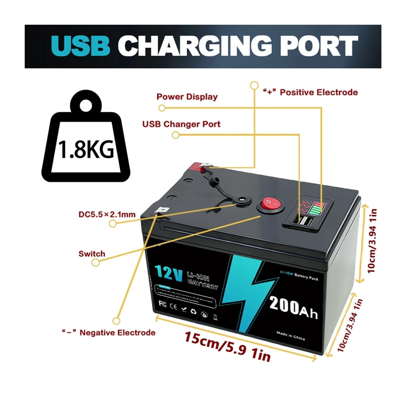 Batteria ricaricabile da 12 V Batteria al litio ferro fosfato da 200 Ah con BMS for applicazioni affidabili RVOff-Grid, marine e solari(12v 200Ah-charger)