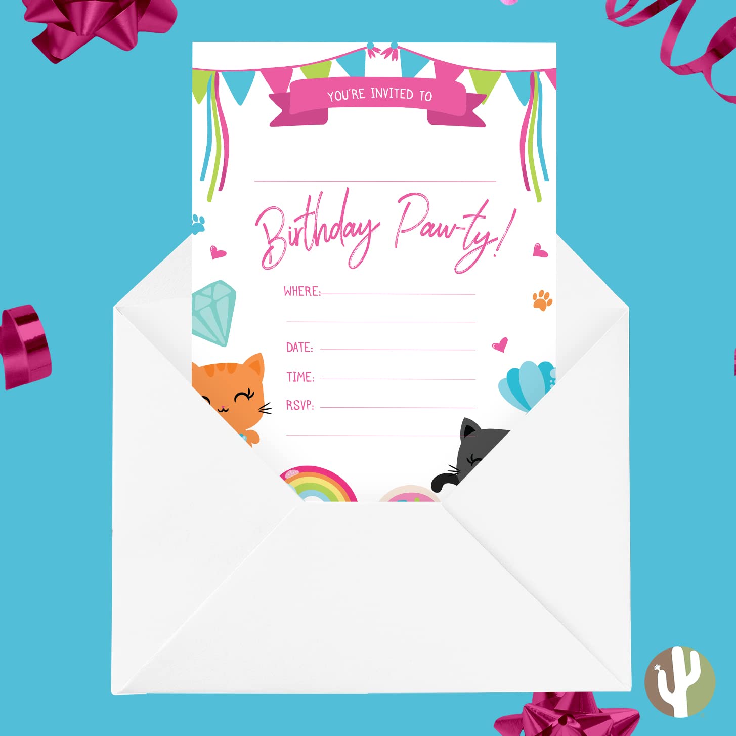 Einladungskarten zum Geburtstag, Katzen-Design, mit Umschlägen, 10 Stück