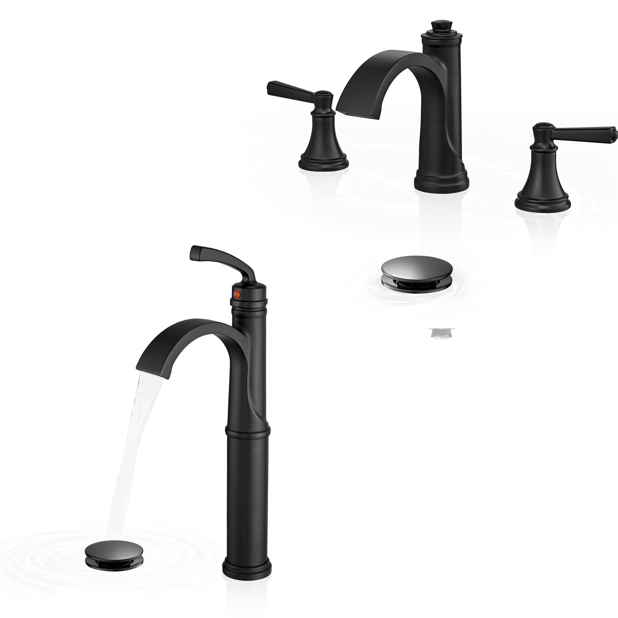 Hcfyauis Black Waterfall Vessel Faucet, Tall Bathroom Faucet Brass Vessel Sink Faucets 2 Handle Widespread Faucet For Bathroom Sink With Water Supply Hoses, Pop-Up Drain
