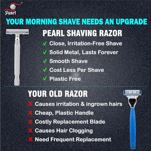 Image of Pearl Shaving Double Edge Safety Razor (SS-01 CC-CHROME) made with Brass Metal- Classic & Traditional | Complimentary Blade Refills | Shaving Kit | Holi Gift Option