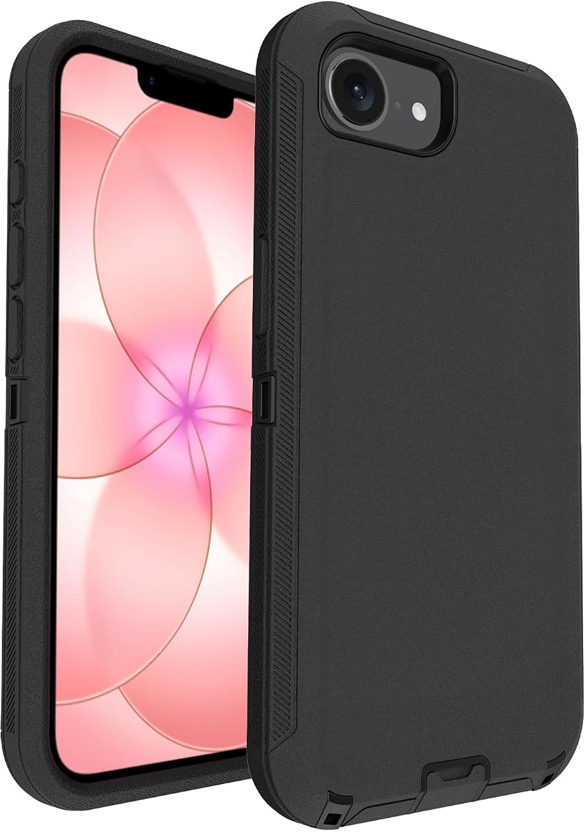 for iPhone 16E/17E Case with Port Cover, Matte Rubber, Black | Rugged 2-Layer Heavy Duty Defender Armor, Dustproof Charging Port Cover, 16ft Drop Protection, Non-Slip & Anti-Fingerprint
