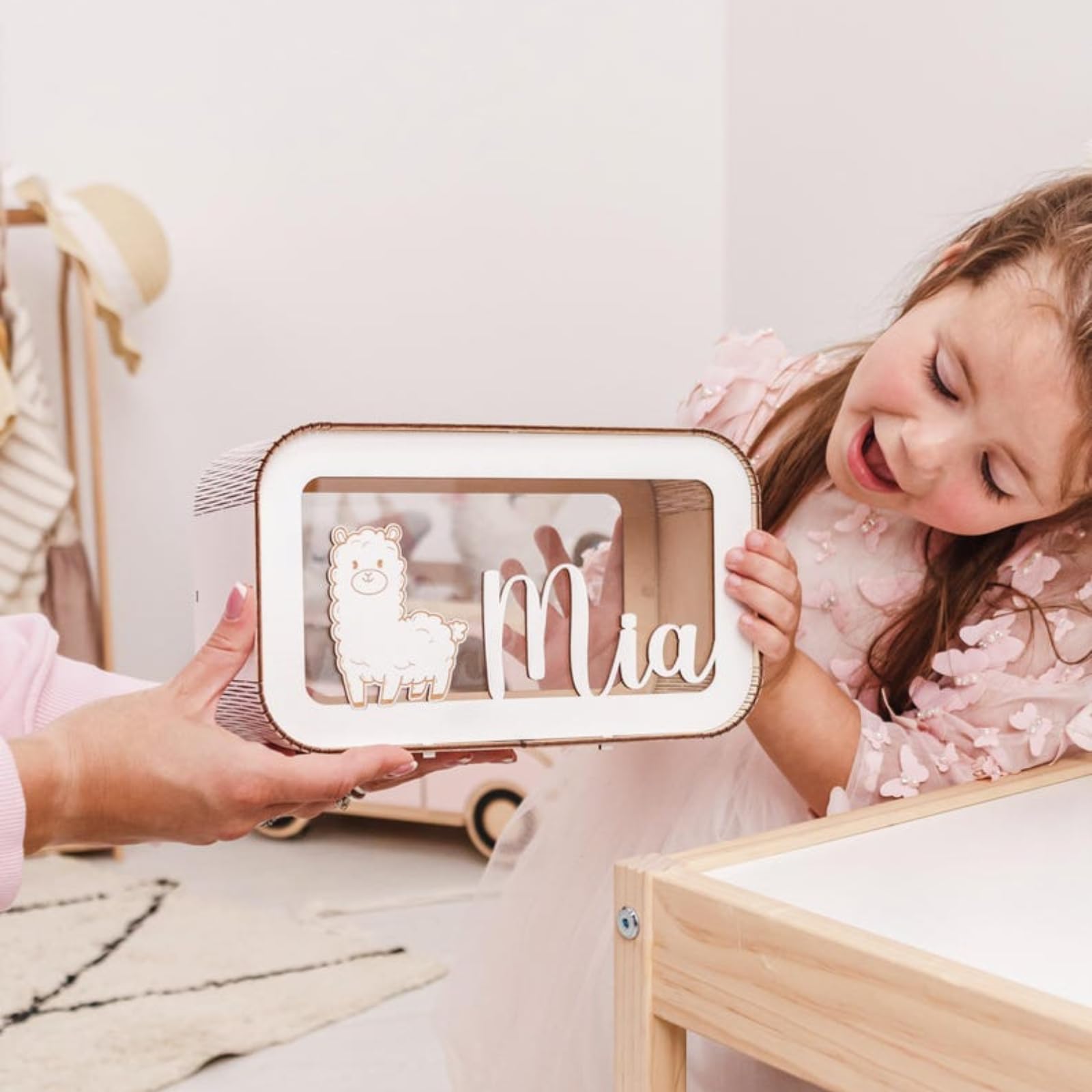 Hucha personalizada para niños, hucha para niños con nombre, regalo para bebé niña, bonita caja de ahorro, alcancía de madera para niños, regalo para cumpleaños, Navidad, baby shower (23,5 x 13,9 x 9