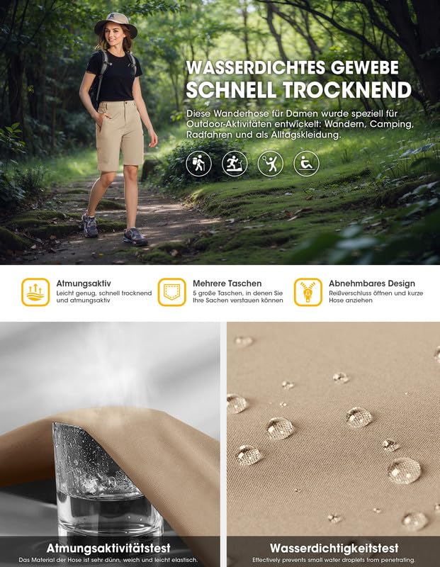 BondiTrekk Damen-Wanderhose-Zip-Off-Trekkinghose, Atmungsaktiv Wanderhose Damen Schnell Trekkinghose Abnehmbar Zip Off Outdoorhose Sommer Hiking Pants Funktionshose Khaki M