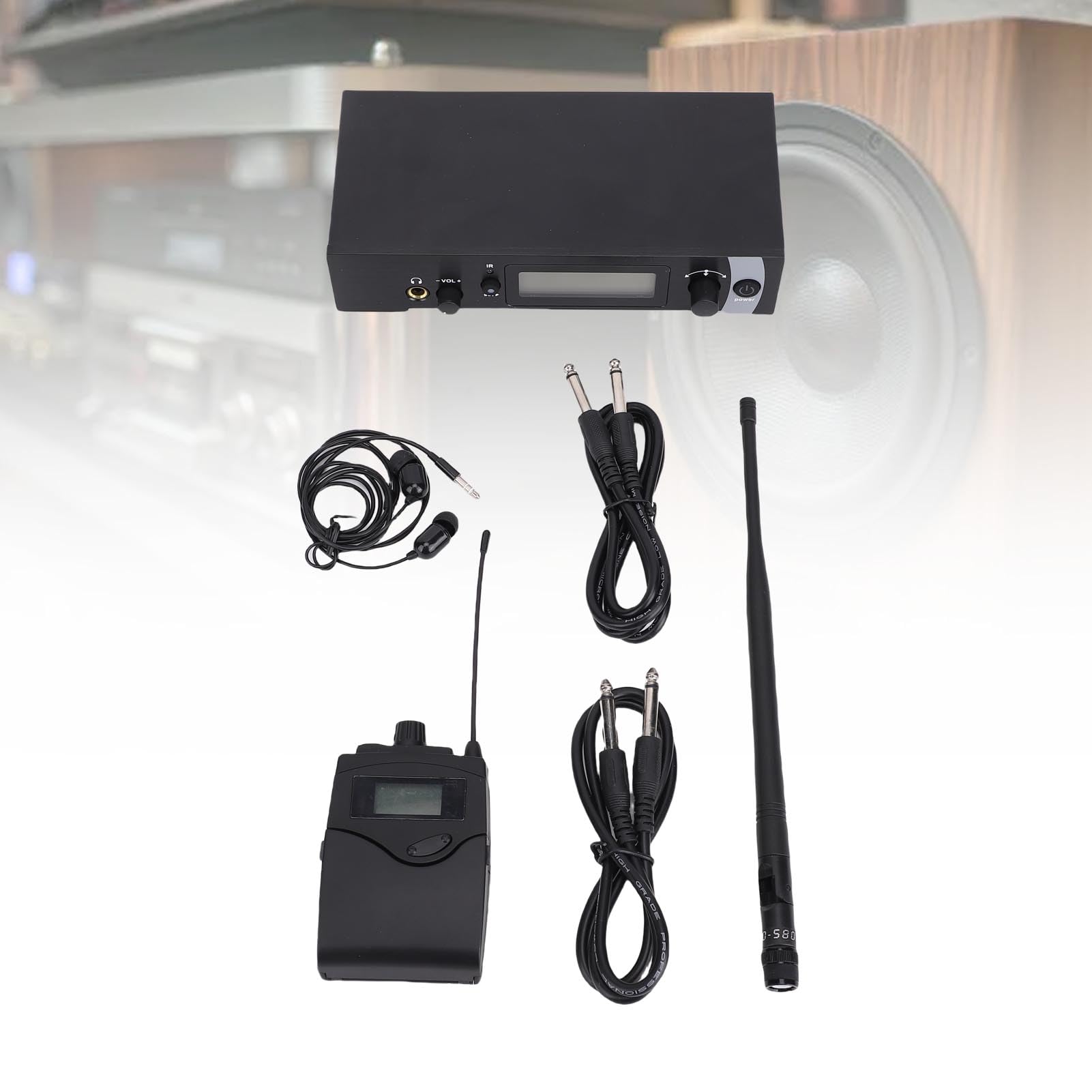 Bewinner Inalámbrico de Monitoreo Intrauditivo, UHF 550-590 MHz con Receptor Transmisor de Petaca, Pantalla LCD, Audio de 24 Bits/192 KHz, Alcance de 50 M para Bandas de Estudio en KTV (Enchufe de