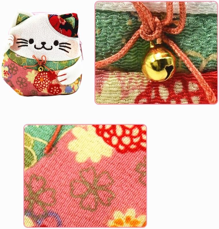 EatingBiting Japanese Style Zipper Maneki Neko Lucky Cat Chirimen Kimono Feng Shui Cat Coin Wallet Holder for Coin, Money, Credit cards keys, change, lip balm, breath mints