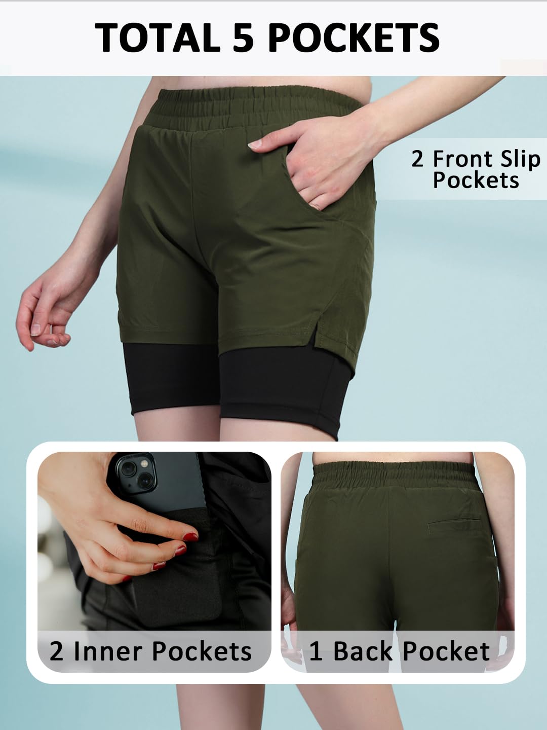 CHKOKKO Gym Shorts for Women Workout Sports Running Quick Dry Fit Double Layer Inner Compression with Pockets Breathable Lightweight Olive Black M 1